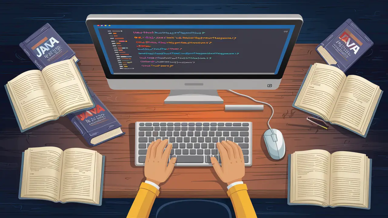 Java code on a computer monitor with open programming books on a wooden desk.