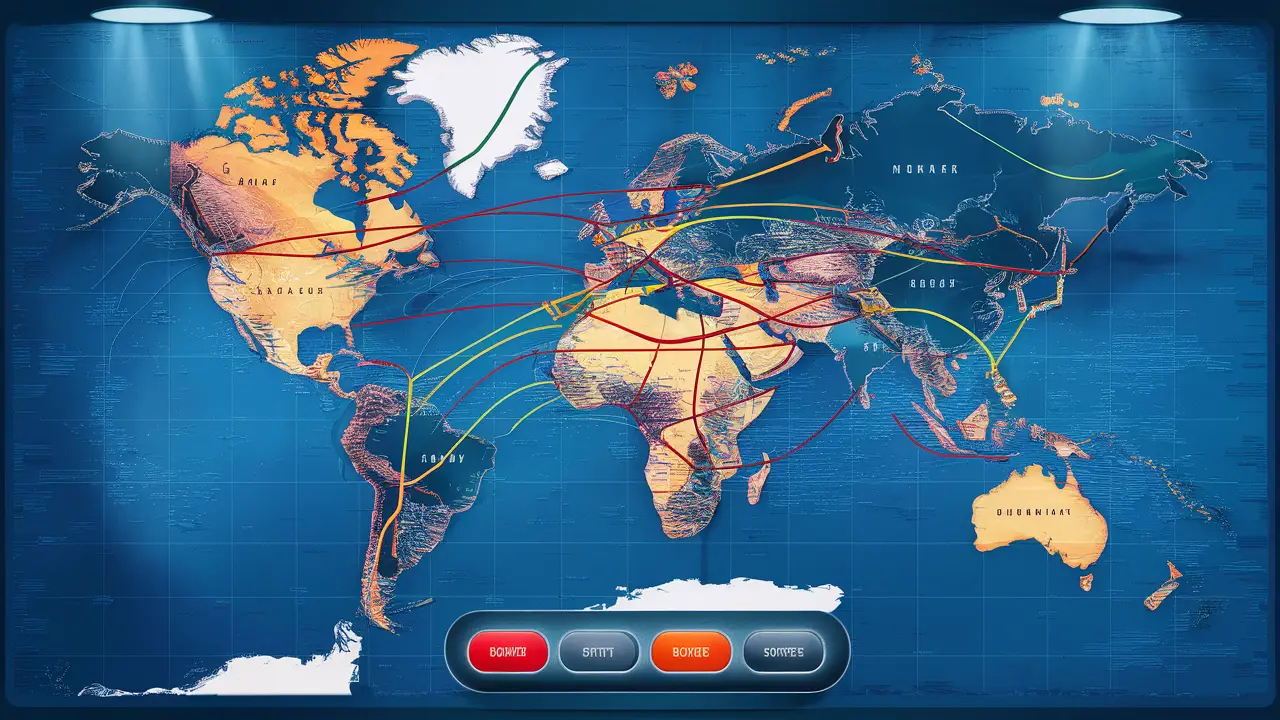 Digital world map with colored lines connecting major cities, representing routing paths.