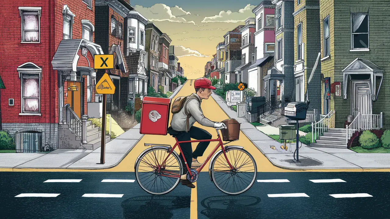 Delivery person on a bicycle stopping at different houses on a busy street, each house with a unique mailbox.