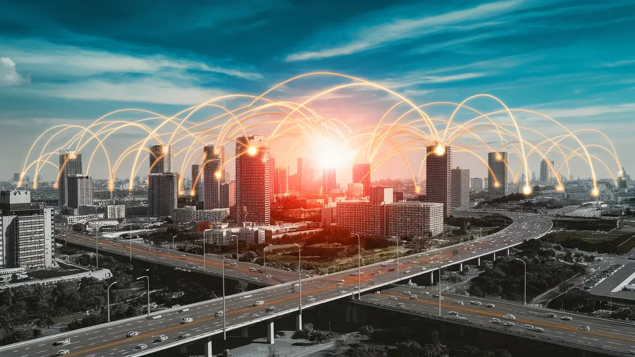 Cityscape with roads and buildings connected by glowing data flow lines under a clear blue sky.
