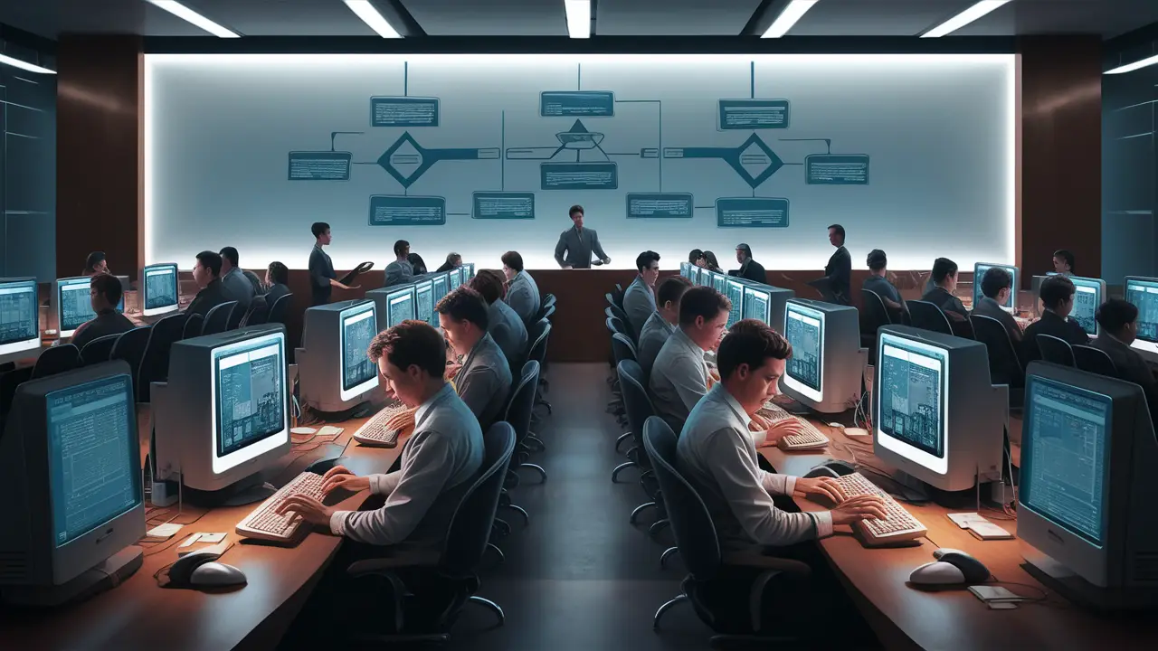 A call center office with computers, glowing monitors, and a flowchart on the whiteboard in the background.