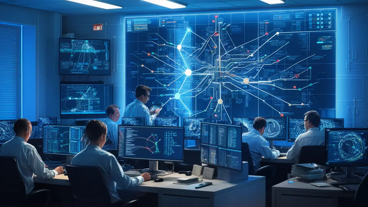 Engineers in a control room analyzing digital map with nodes and routes on computer monitors under blue lighting.