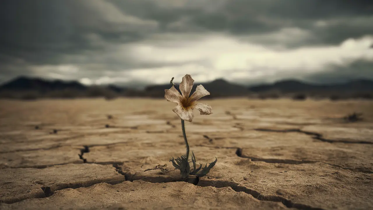 Pequena flor murcha em solo seco e rachado sob céu nublado, representando isolamento e desolação.