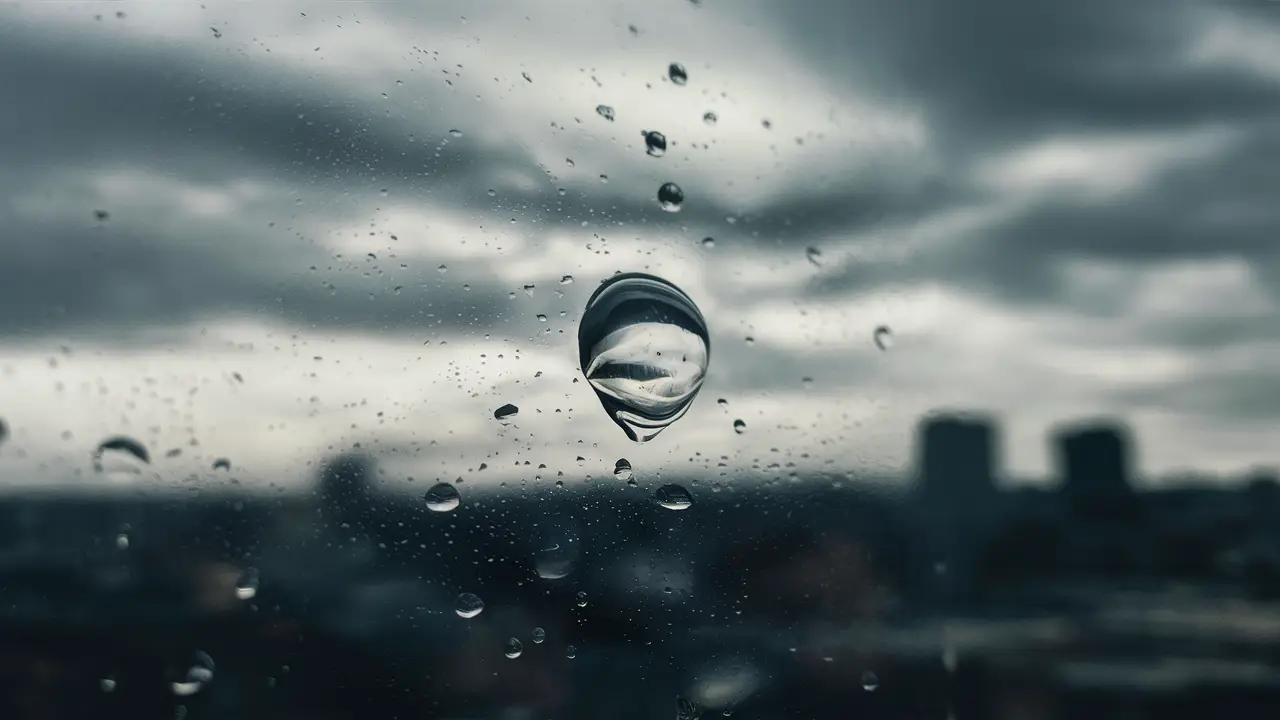 Gota de água escorrendo lentamente em vidro com cidade desfocada ao fundo.