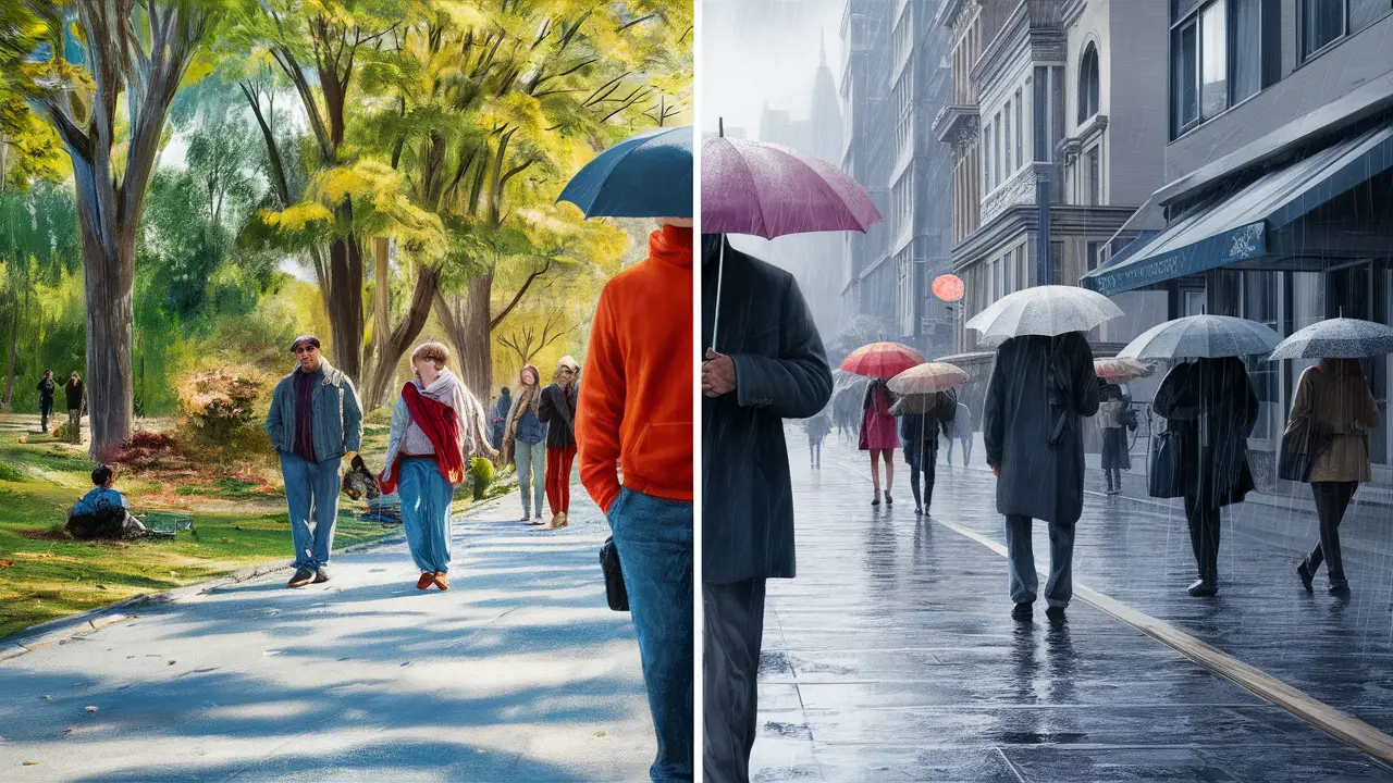 Imagem dividida mostrando um parque ensolarado de um lado e uma cidade chuvosa do outro.