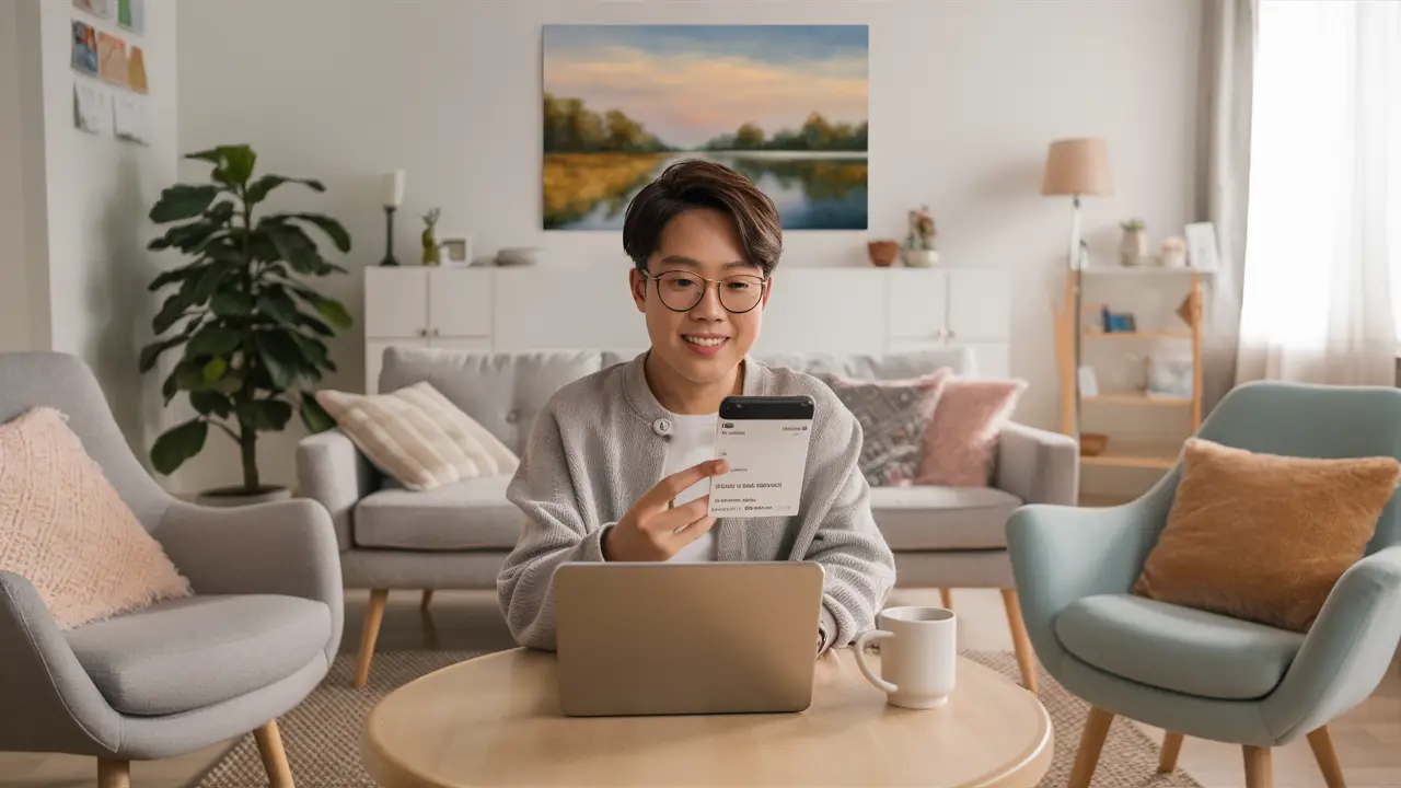 Pessoa em sala de estar iluminada olhando detalhes de contato de um profissional no telefone.