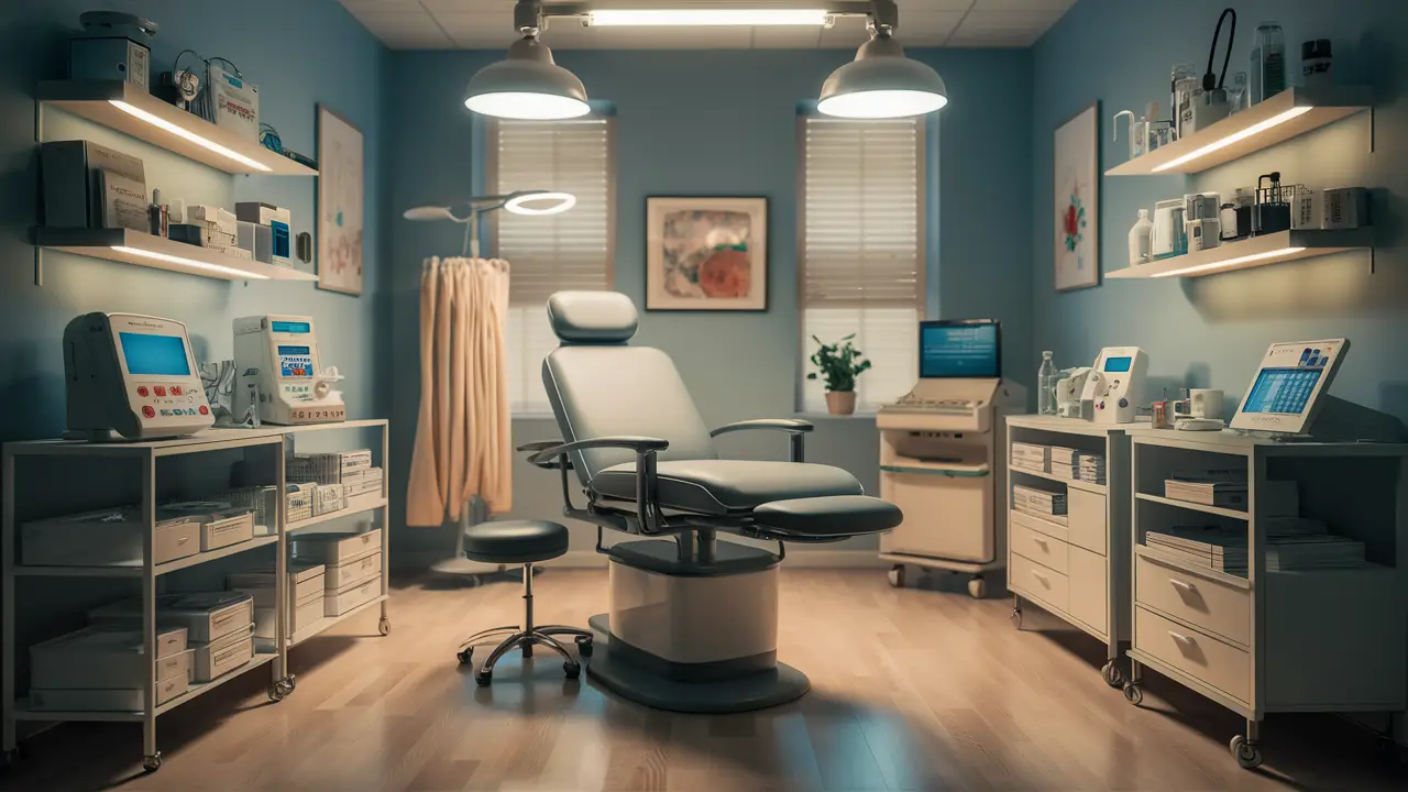 Equipamentos para tratamentos de saúde mental em uma sala de clínica moderna.