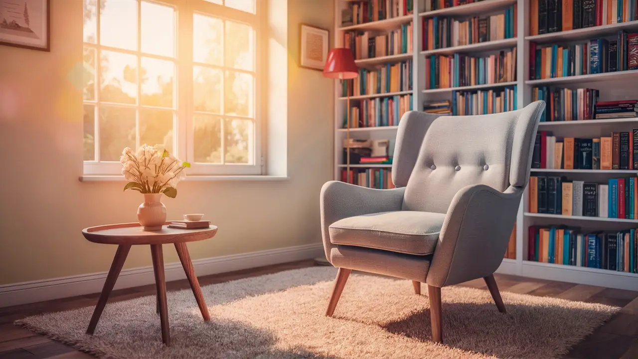 Sala de terapia com poltrona, mesa com vaso de flores brancas, janela grande e estante de livros coloridos.