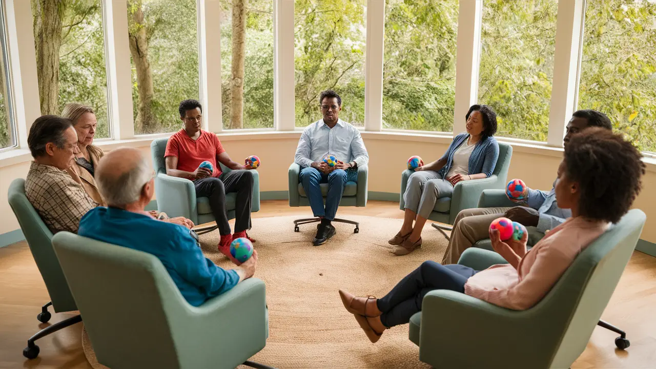 Pessoas diversas sentadas em cadeiras confortáveis, segurando bolas de estresse coloridas, em sala de clínica serena.