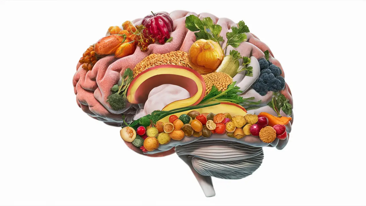 Ilustração do cérebro humano com frutas e vegetais coloridos nos caminhos neurais em fundo branco.