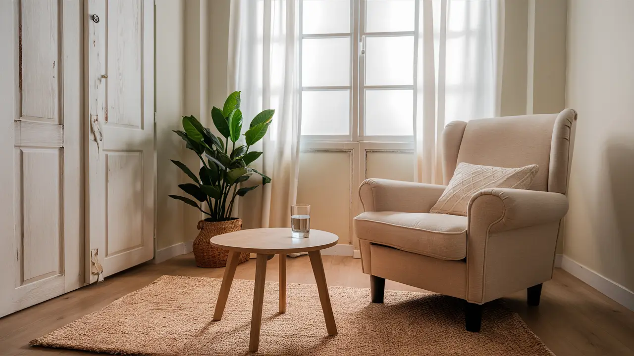 Sala de terapia acolhedora com poltrona bege, mesa de centro de madeira e planta verde ao lado da janela.