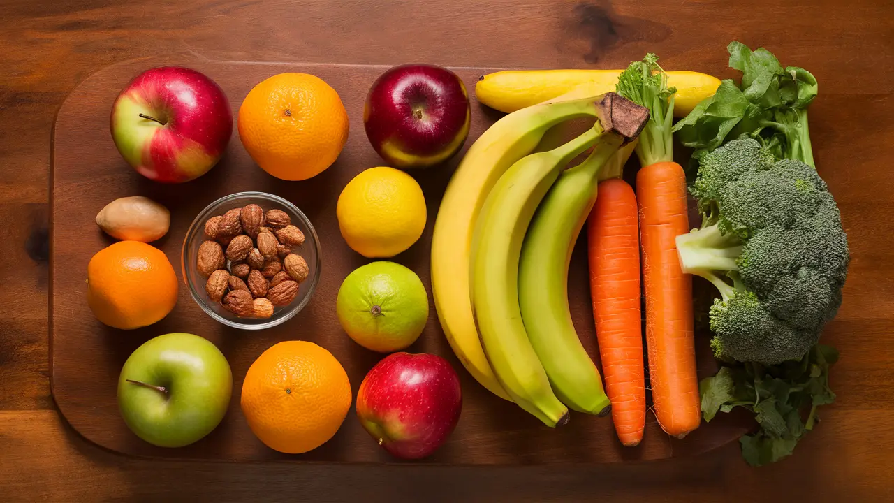Frutas e vegetais frescos organizados em uma mesa de madeira com uma tigela de nozes ao centro.