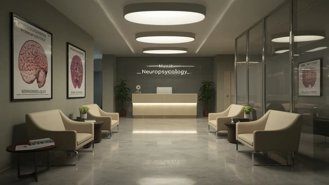 Lobby moderna de clínica com móveis elegantes, pôsteres de anatomia cerebral e iluminação suave.