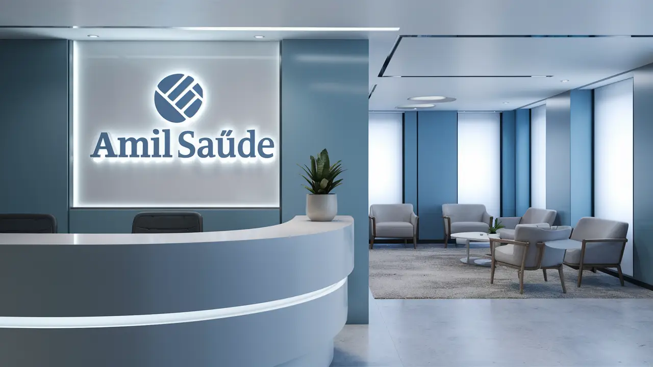 Logotipo da Amil Saúde em uma parede de clínica moderna com recepção e cadeiras confortáveis.