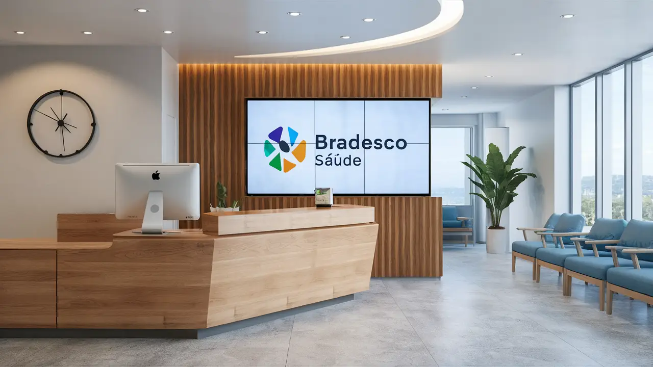 Recepção de clínica moderna com logo do Bradesco Saúde em tela digital.