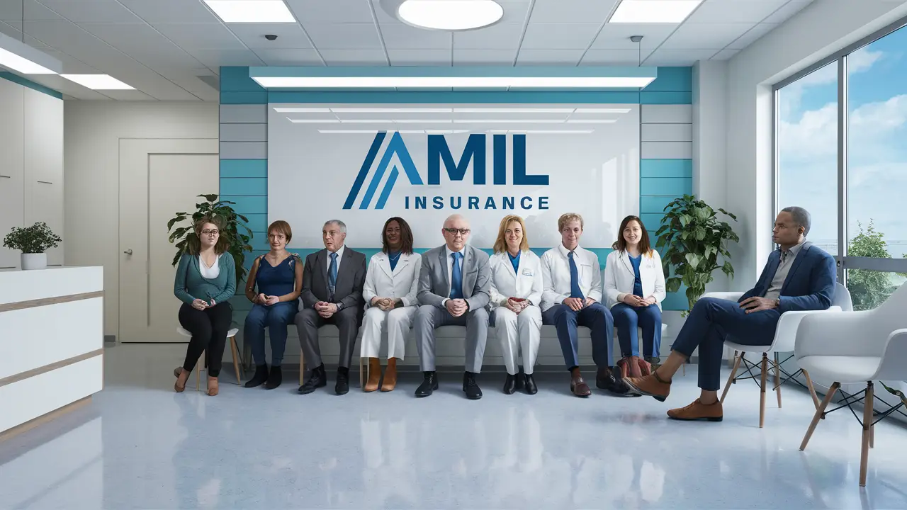 Grupo de pessoas em sala de espera de clínica com logotipo da Amil em destaque na parede.