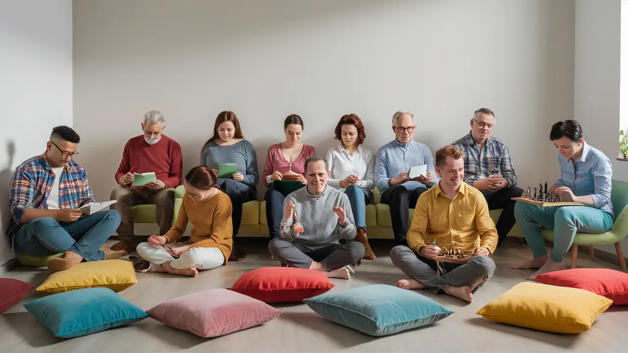 Pessoas de diferentes idades e etnias em atividades individuais em uma sala iluminada com almofadas coloridas.