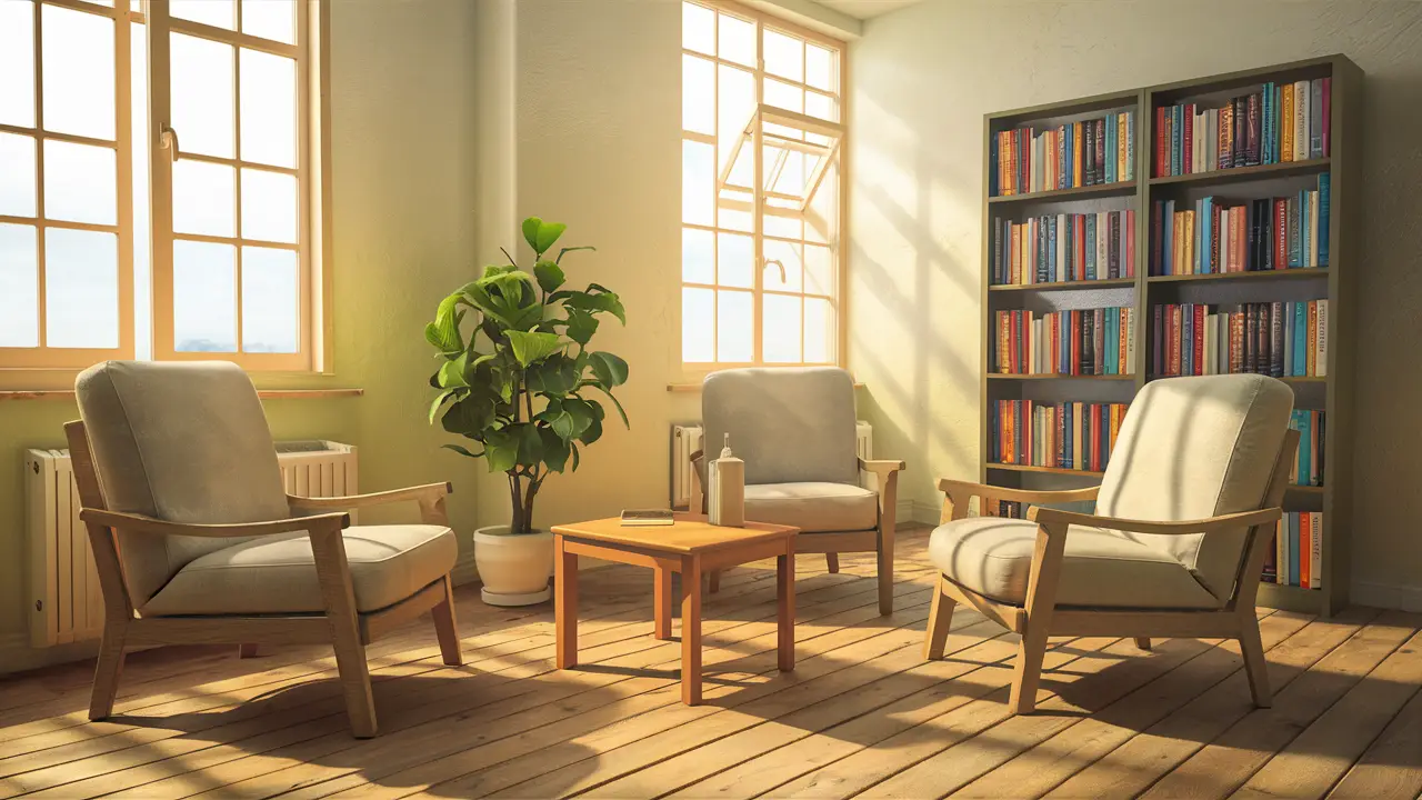 Sala de terapia com cadeiras confortáveis, mesa de madeira, planta e estante de livros coloridos ao fundo.