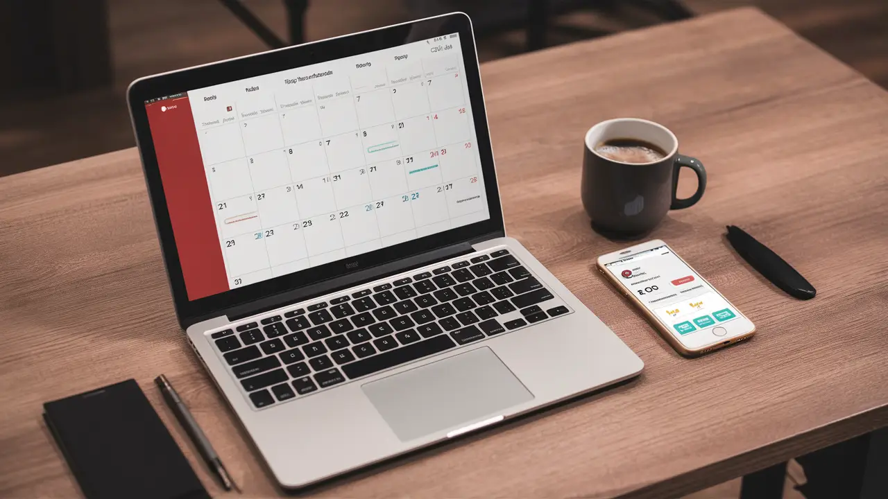 Notebook com calendário digital, celular com app de consulta médica, caneca de café sobre mesa de madeira.