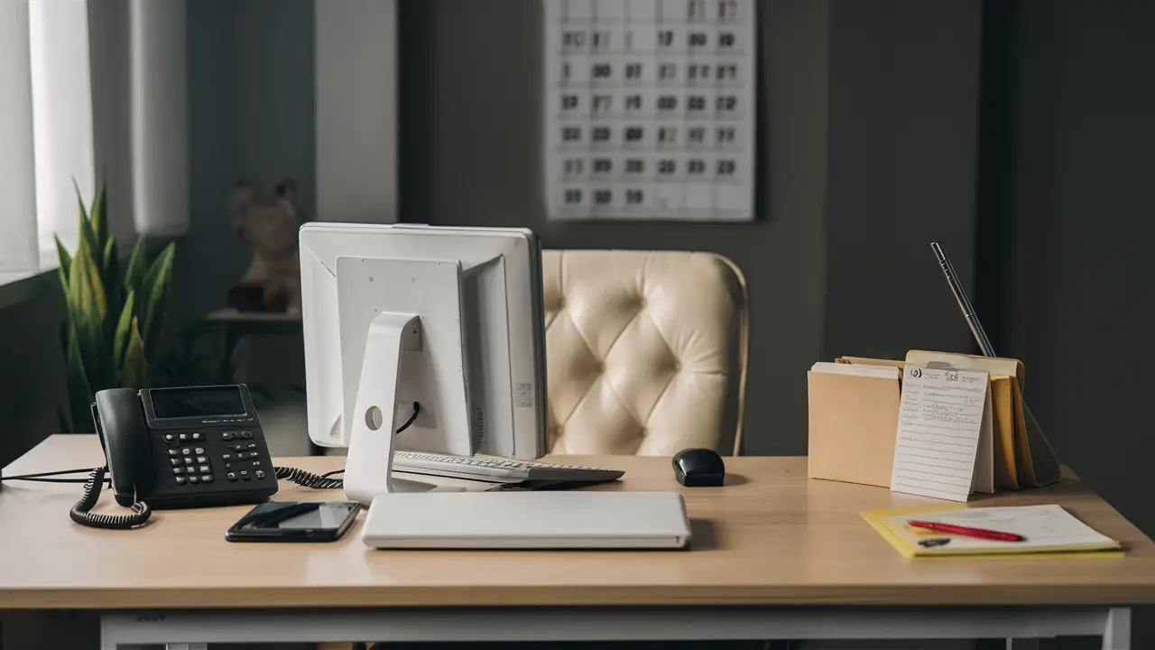 Mesa de escritório com notebook aberto, telefone, bloco de notas com caneta e calendário na parede ao fundo.