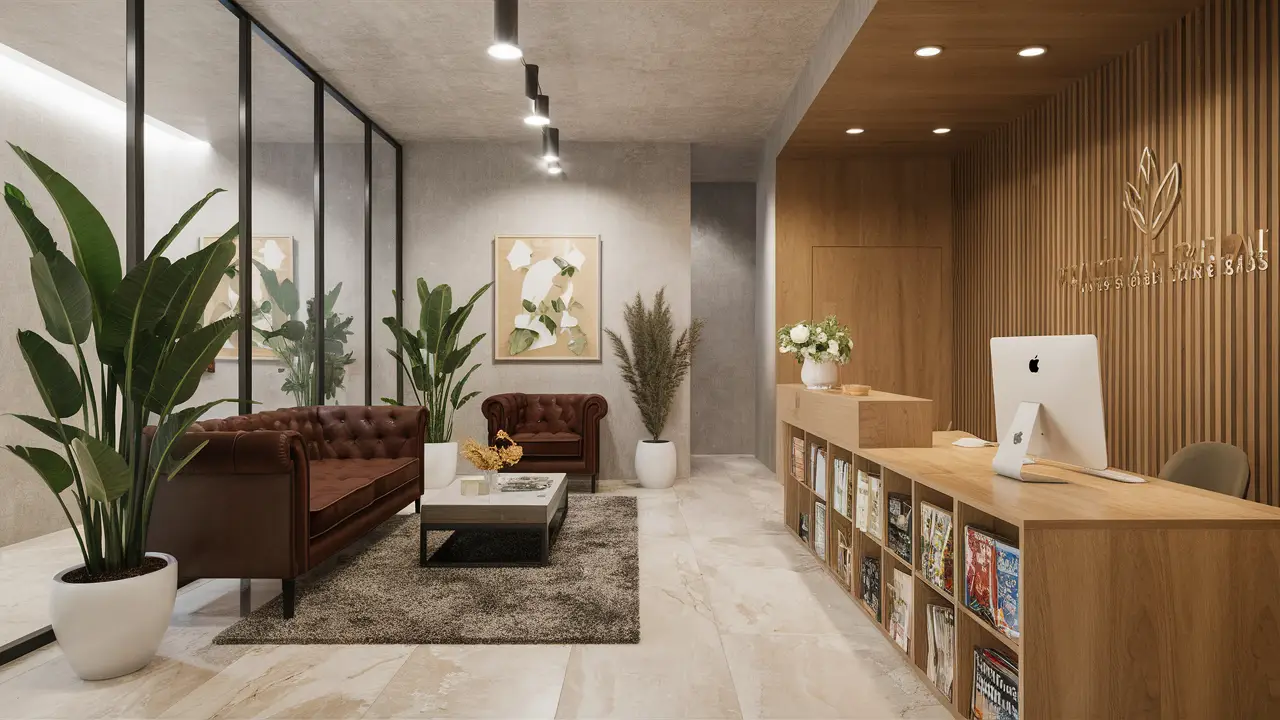 Recepção moderna com janela de vidro, plantas, sofás de couro marrom e mesa de madeira clara com computador e revistas.