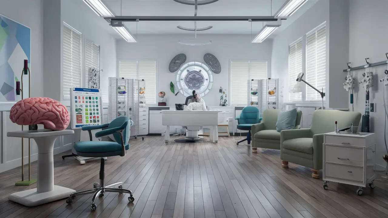 Interior de clínica de neuropsicologia com equipamentos variados e assentos confortáveis.