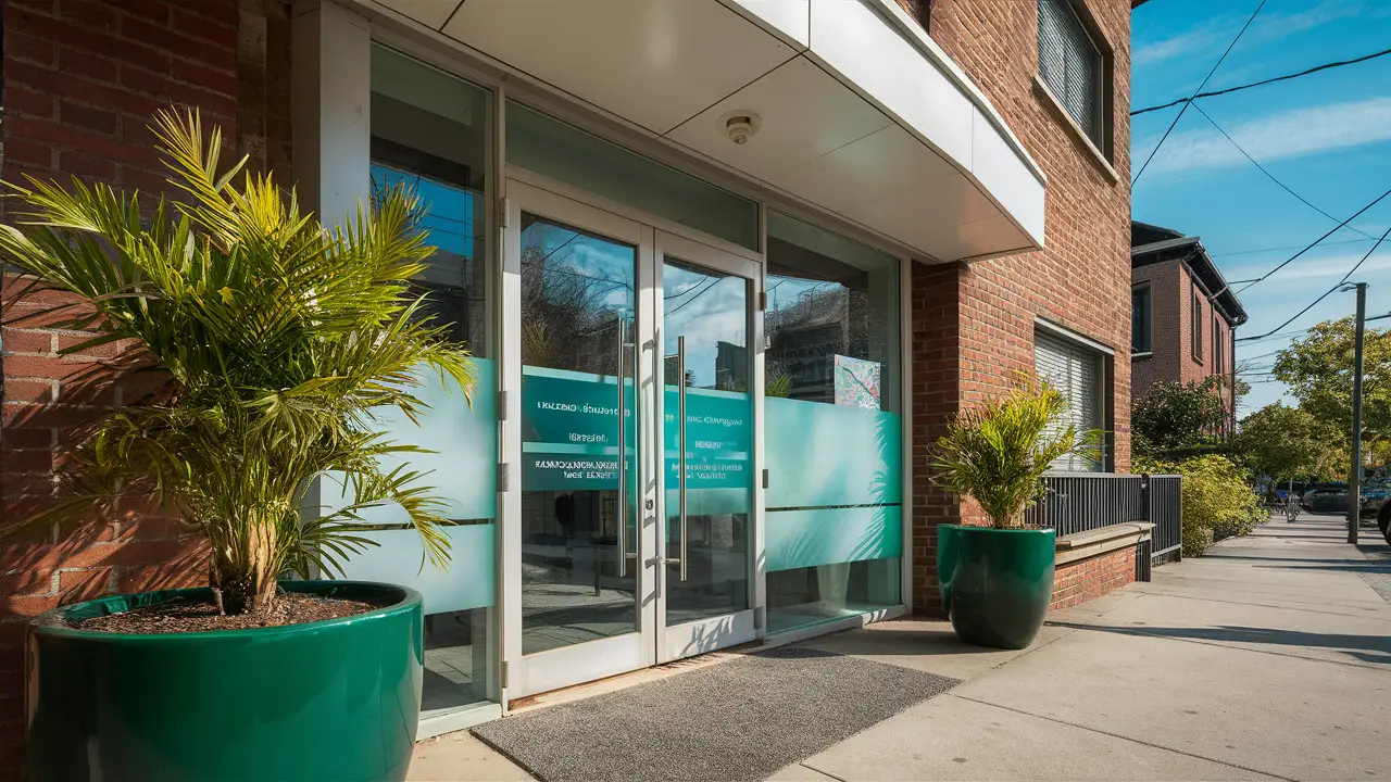 Entrada da clínica com portas de vidro e plantas verdes em um bairro urbano sob céu azul.