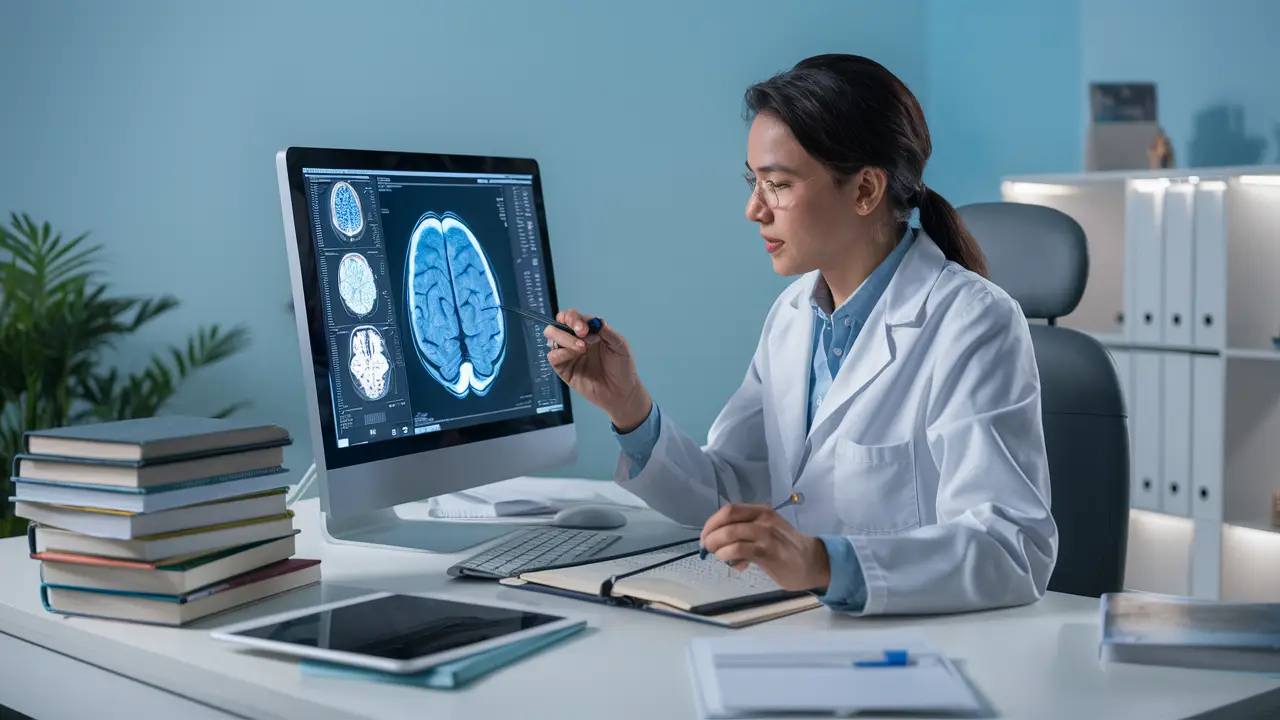 Neuropsicólogo analisando exames cerebrais em uma tela grande com livros e tablet na mesa.