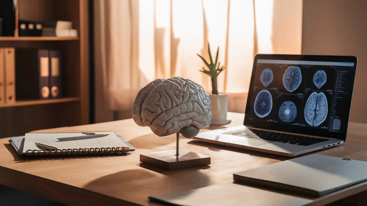 Modelo de cérebro em mesa de madeira com laptop exibindo imagens cerebrais e bloco de notas com caneta ao lado.