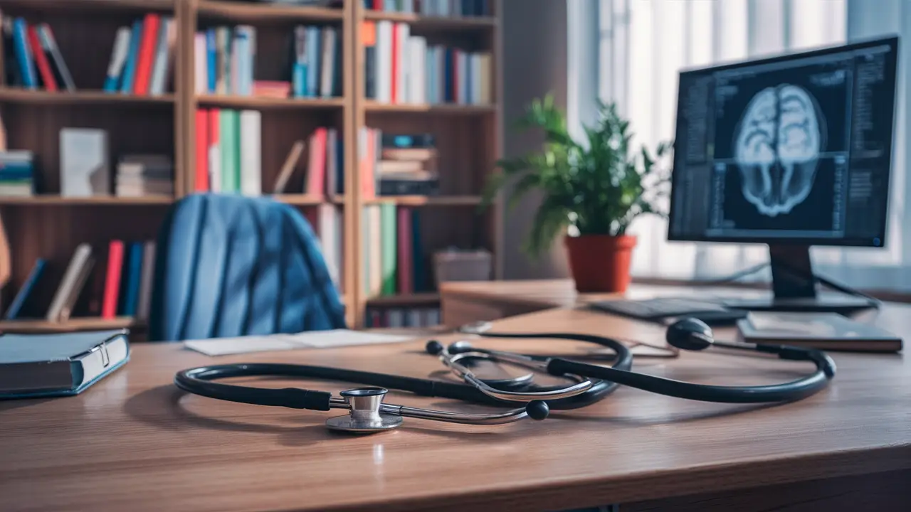 Escritório médico com mesa de madeira, estetoscópio, monitor com escaneamento cerebral e estante com livros ao fundo.