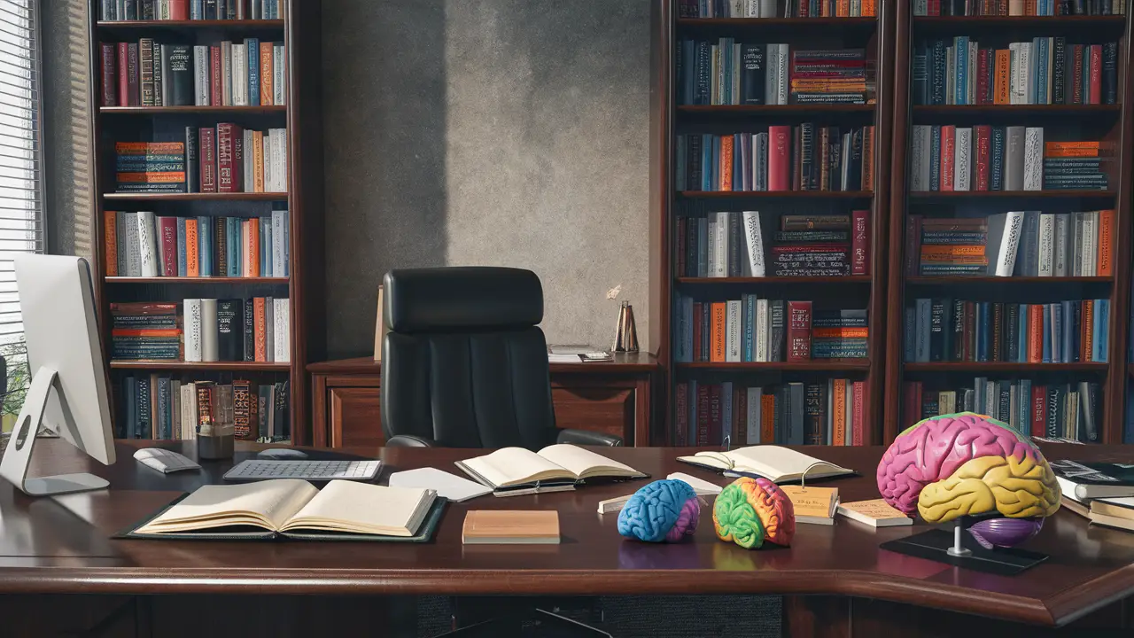 Interior de escritório com mesa de madeira, computador, cadernos abertos e modelos de cérebro coloridos.