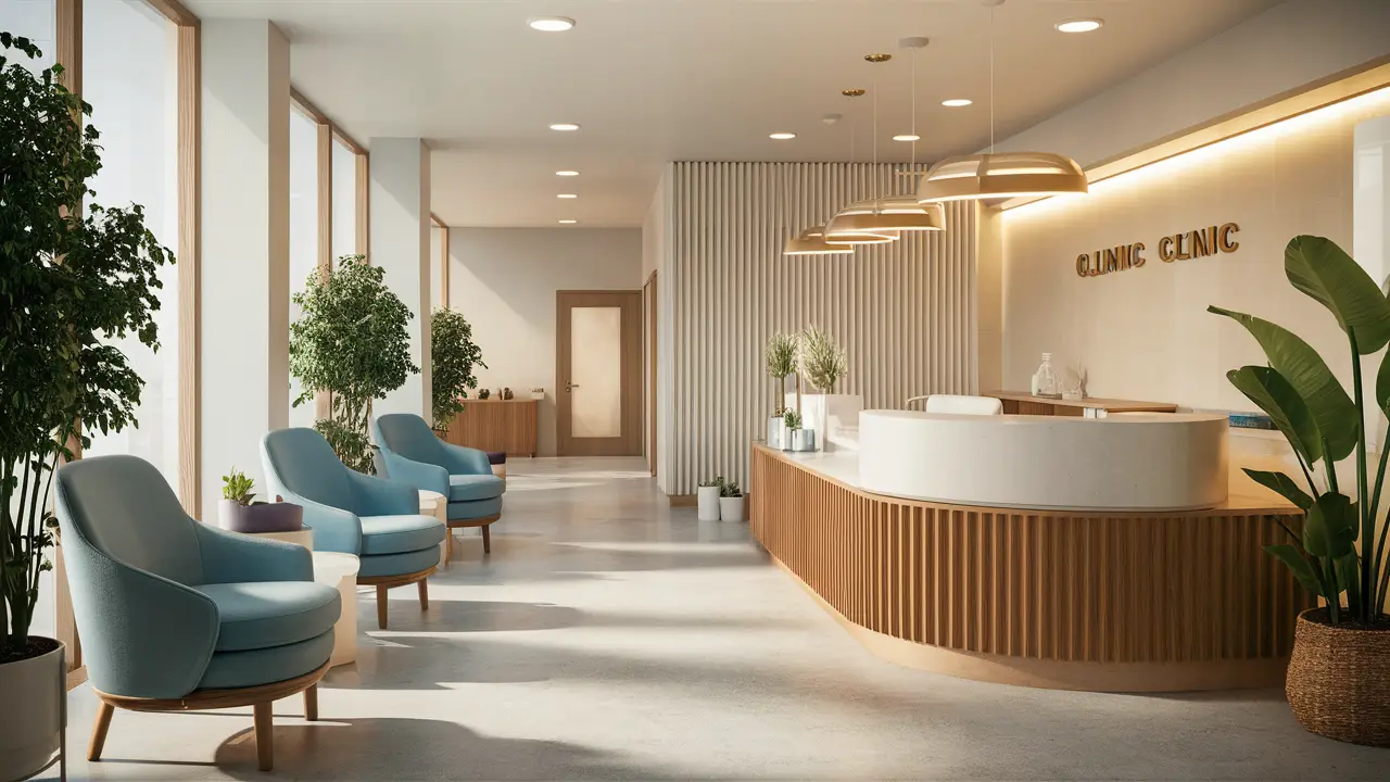 Recepção moderna da clínica com cadeiras azuis, mesa de madeira e plantas.