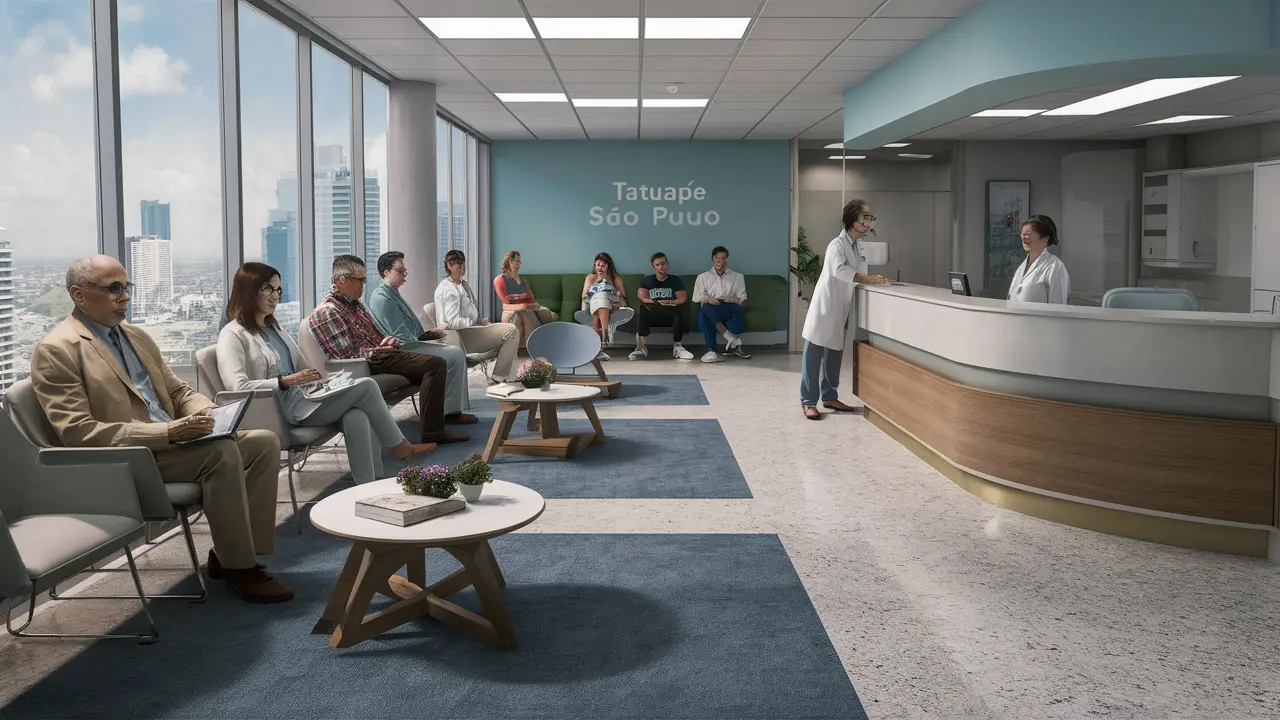 Sala de espera de clínica em Tatuapé com pacientes diversos e recepcionista.