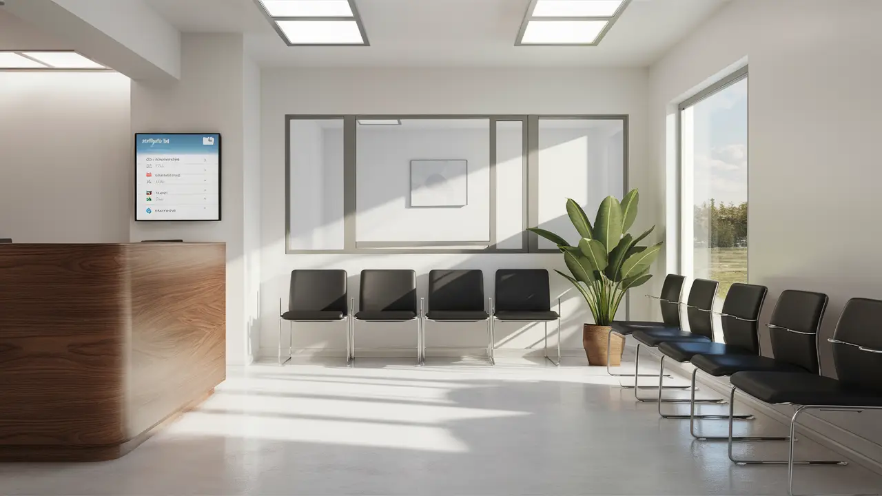 Sala de espera moderna com cadeiras pretas, mesa de recepção de madeira e tela de agendamento digital.