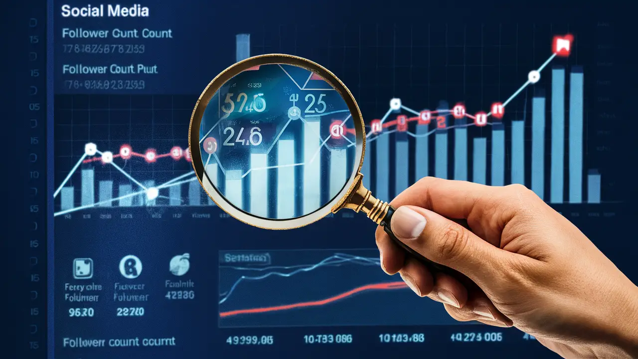 Mão segurando lupa sobre tela digital com gráficos e números de contagem de seguidores flutuantes.