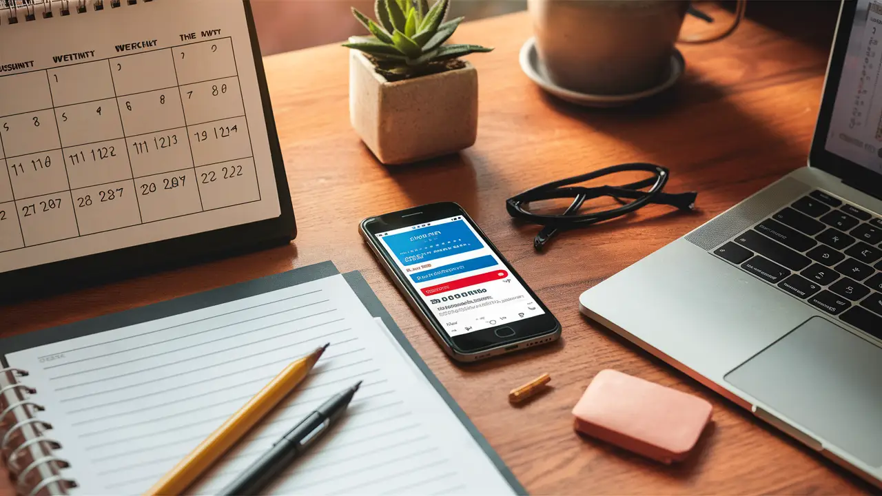 Calendário semanal regular sobre uma mesa com um smartphone e notificações de redes sociais ao lado de um laptop.
