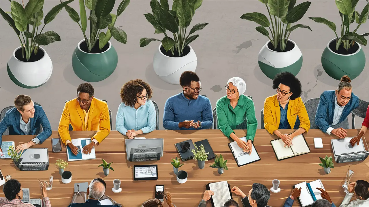 Pessoas diversas em torno de uma mesa com laptops e plantas ao fundo.