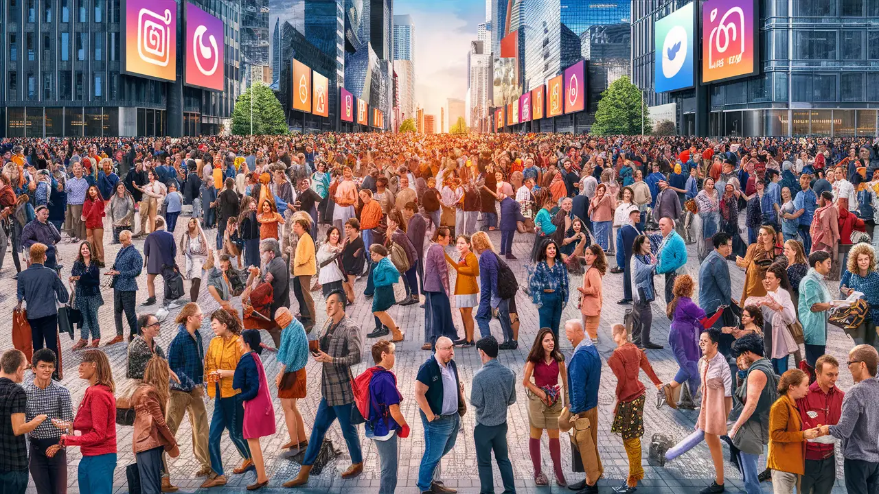 Uma praça movimentada com pessoas diversas interagindo, cercada por prédios modernos e outdoors digitais com ícones de mídia social.