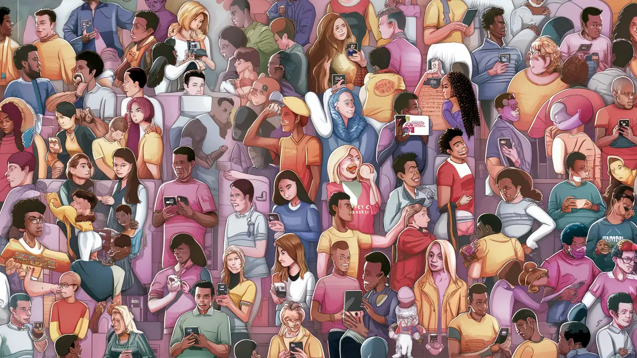 Pessoas diversas interagindo com publicações coloridas no Instagram em seus smartphones.