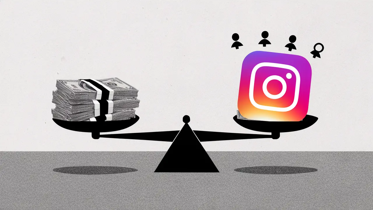 Balança digital com dinheiro de um lado e ícone do Instagram com seguidores do outro em fundo branco.
