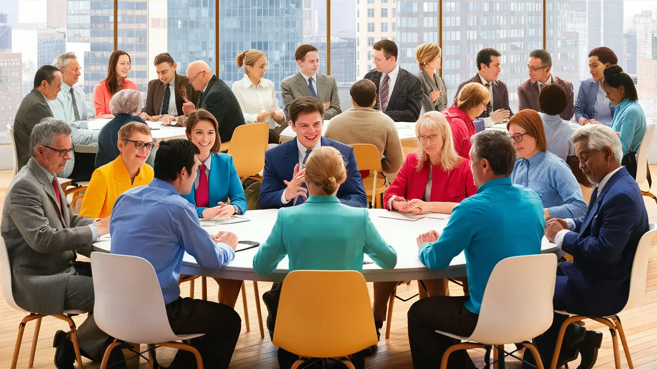 Pessoas diversas em trajes formais, discutindo em torno de uma mesa redonda em uma sala iluminada com vista da cidade.