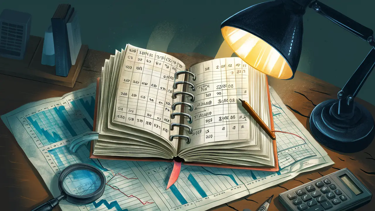 Livro razão aberto com entradas numéricas e gráficos, uma lupa e uma calculadora sobre uma mesa de madeira.