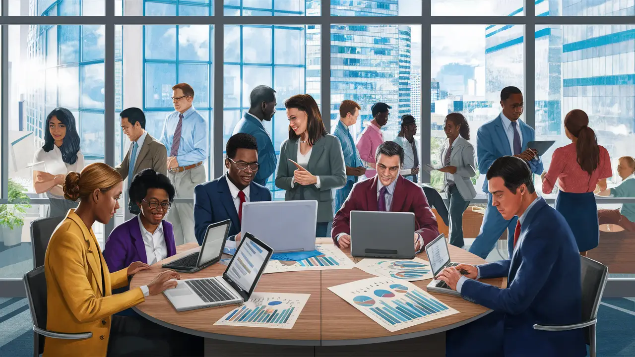 Pessoas diversas colaborando em uma mesa redonda em um escritório iluminado, com laptops e gráficos financeiros.