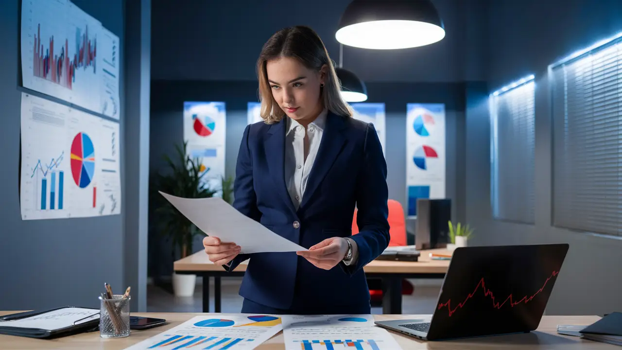 Executiva analisando relatório financeiro com gráficos de risco em um escritório moderno e bem iluminado.