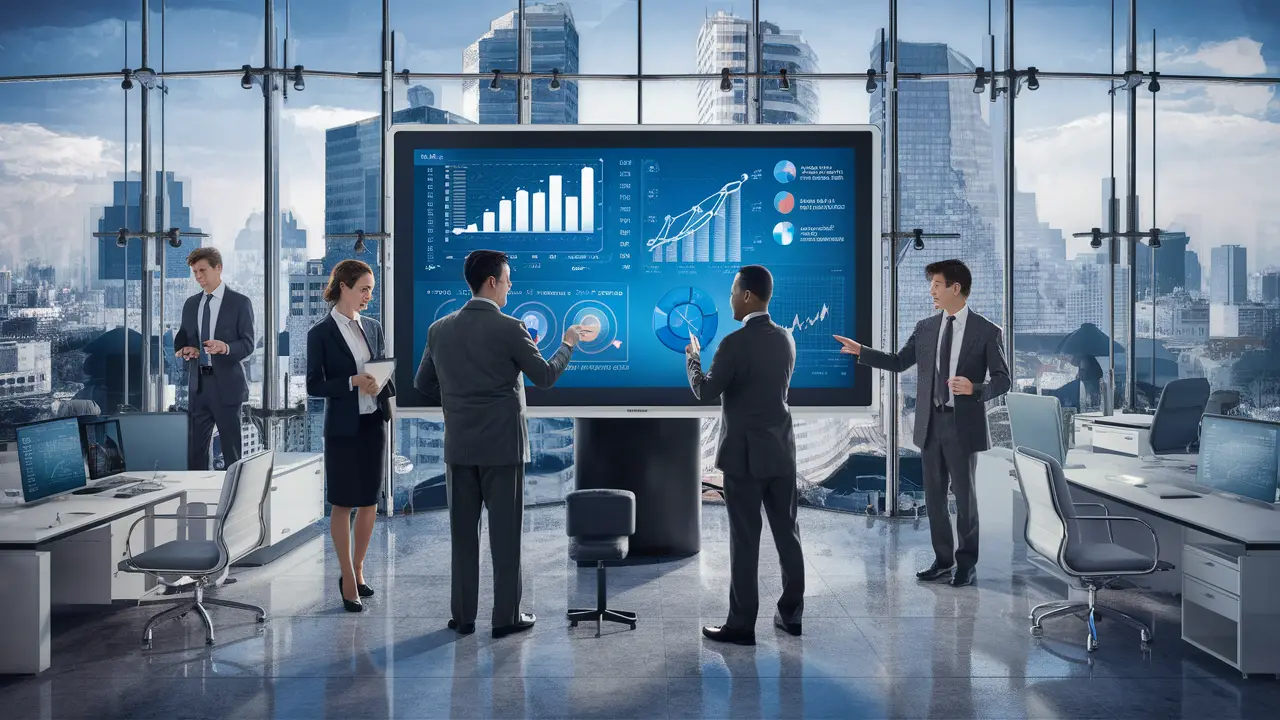Pessoas de negócios interagindo com um display de gráficos em um escritório moderno com janelas grandes.