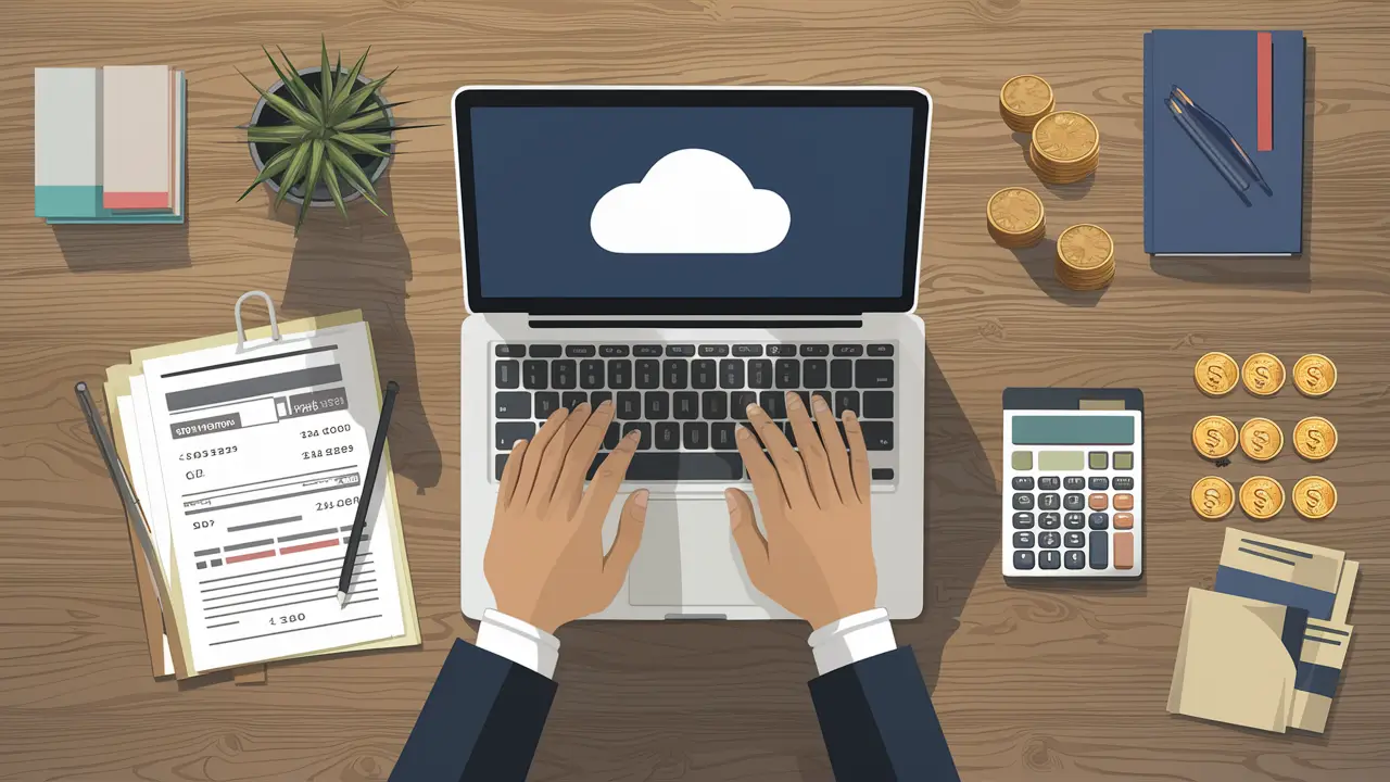 Escritório com laptop mostrando ícone de nuvem, calculadora, pilhas de moedas e documentos financeiros.