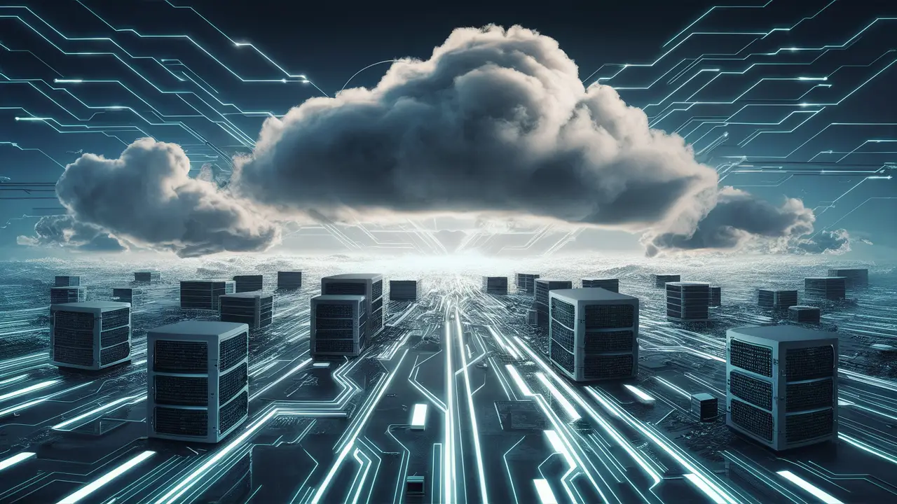 Paisagem digital com nuvens e servidores interconectados em tons de azul e prata.