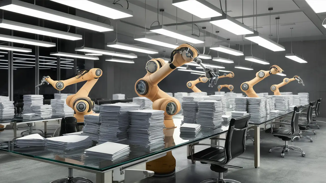 Robotic arms organizando documentos em mesas de vidro em um escritório moderno iluminado por LEDs brancos.