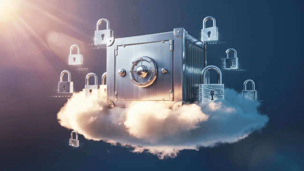 Cofre de dados metálico em uma nuvem, cercado por cadeados digitais e símbolos de segurança.