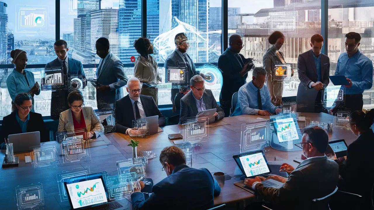 Pessoas diversas colaborando em uma sala de conferências moderna com telas holográficas exibindo gráficos e tabelas.